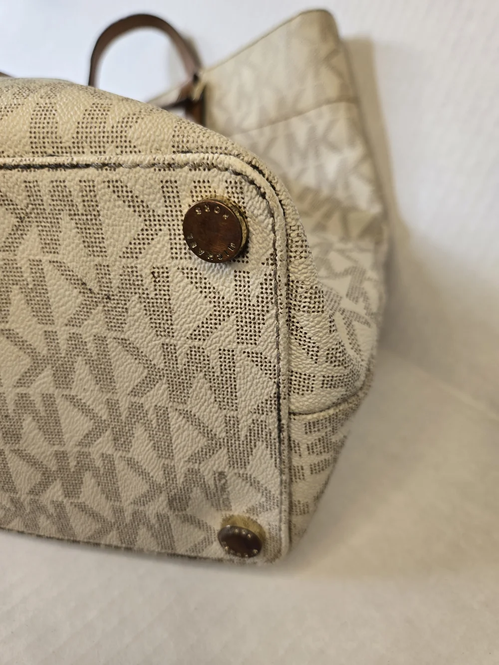 Michael Kors Cream Signature MK Tote with Tan Leather Straps
